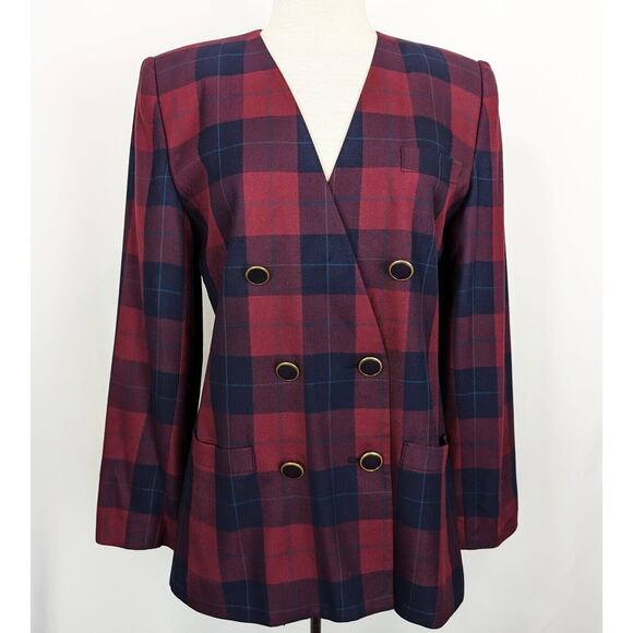 Vintage 90s Jacket Red Blue Plaid Double Breast Oversize Blazer Misses Size 8 - Picture 3 of 9